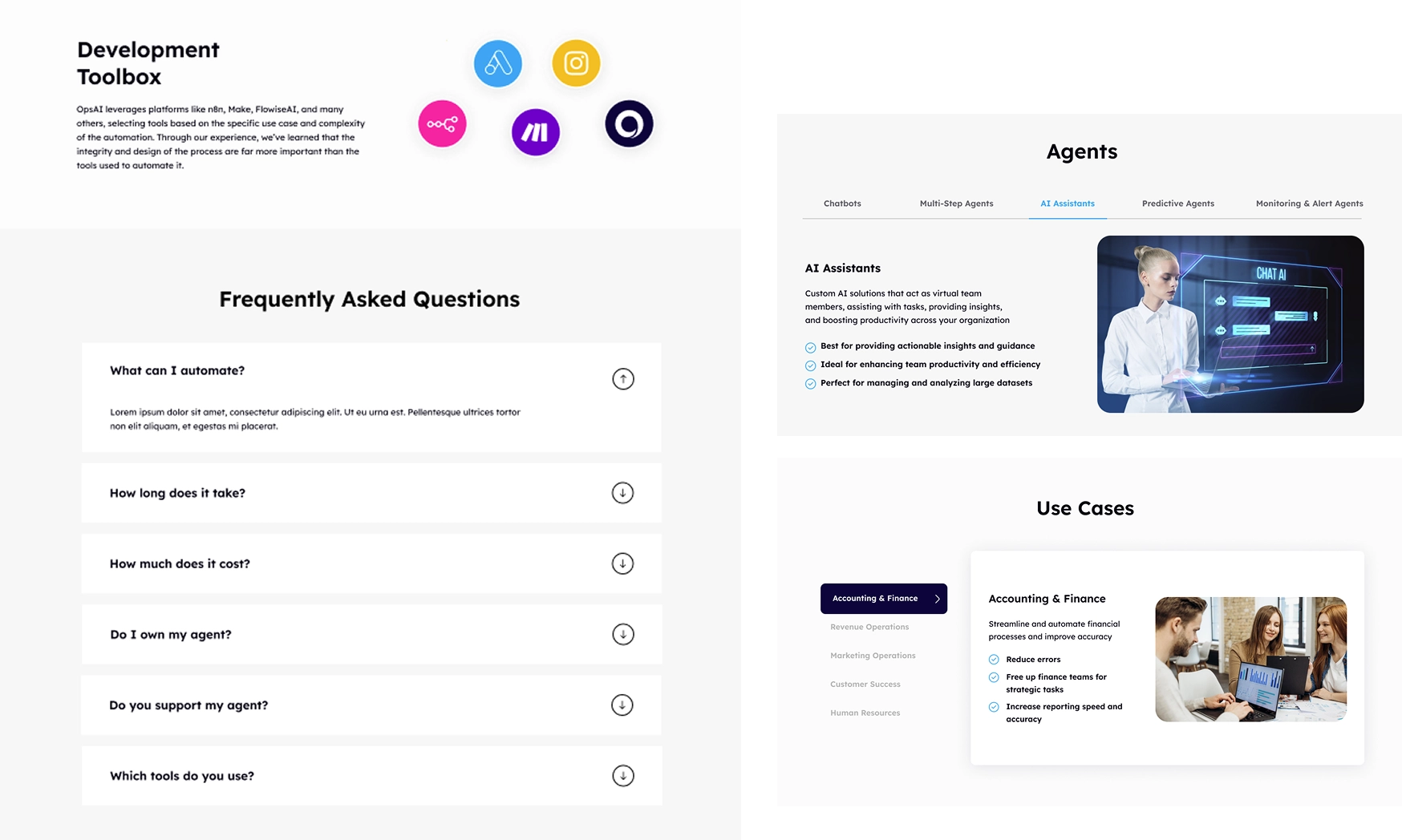 OpsAI – AI асистенти, автоматизация с инструменти като n8n и Make, често задавани въпроси и примери за употреба