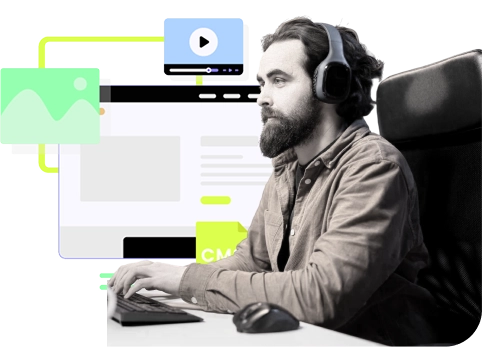 Мъж управлява уеб съдържание чрез CMS платформа – DEMA, специалисти по уеб разработка и дигитален маркетинг.