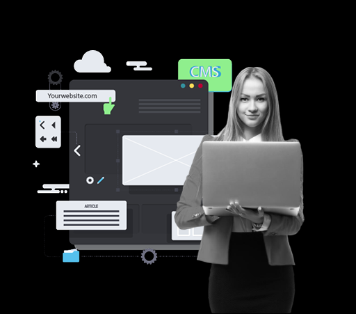 Експерт по уеб разработка с лаптоп пред CMS интерфейс – изработка на сайт с DEMA